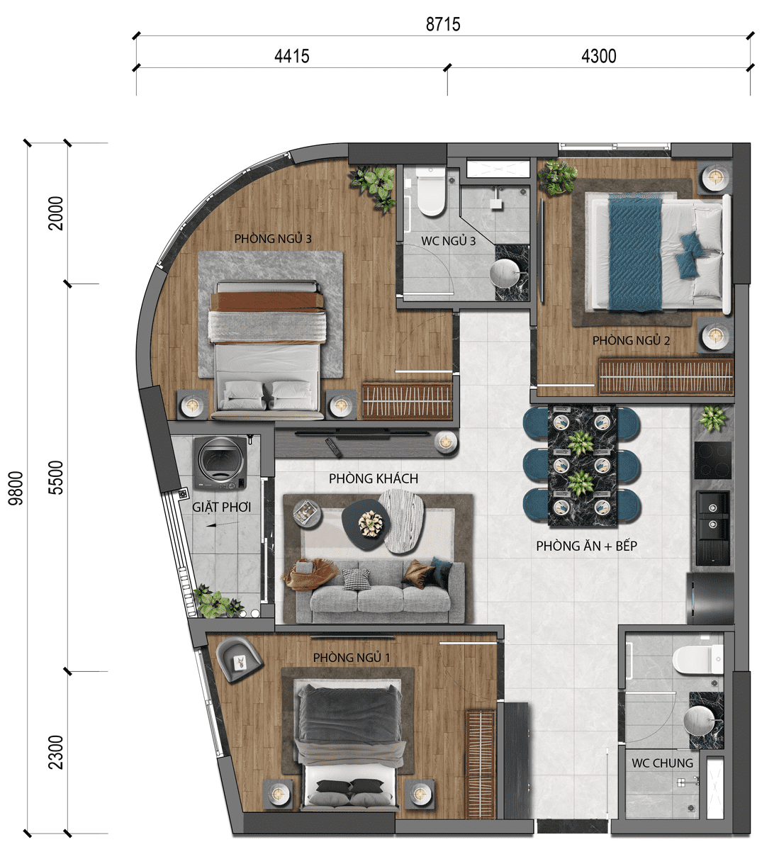 Mặt bằng căn hộ 3 PN dự án A&K Tower An Phú