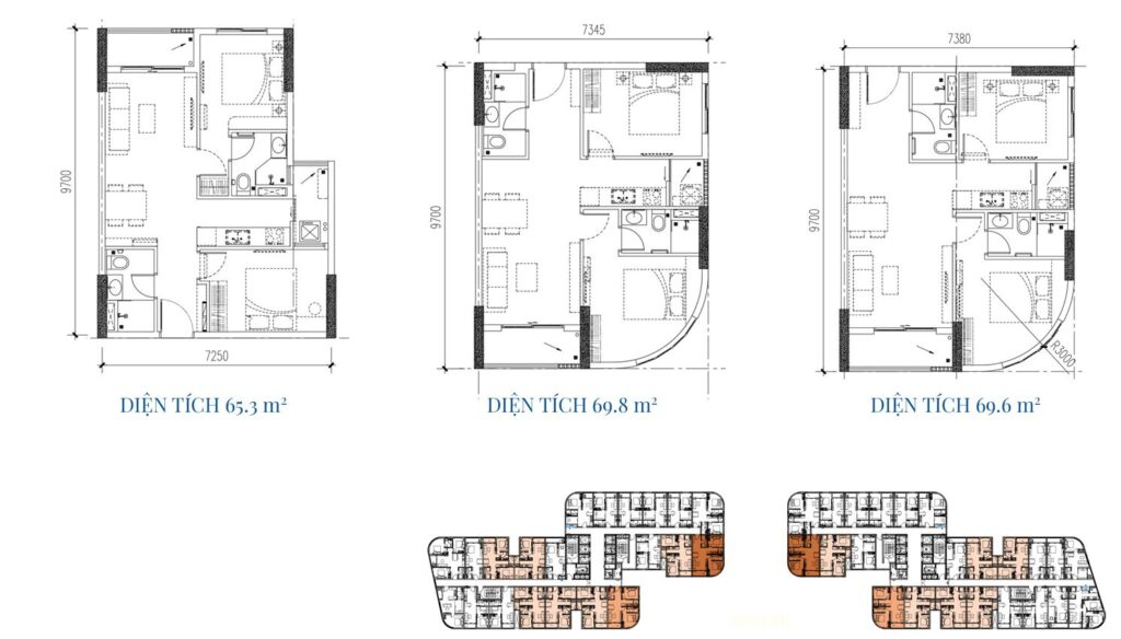 Mặt bằng các căn hộ 2 PN dự án A&K Tower An Phú