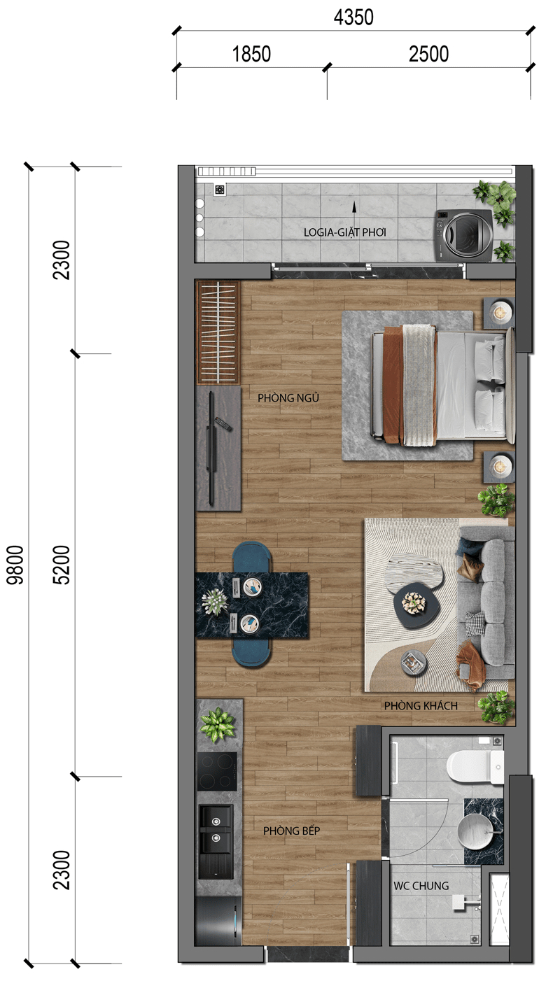 Mặt bằng căn hộ 1 PN dự án A&K Tower An Phú